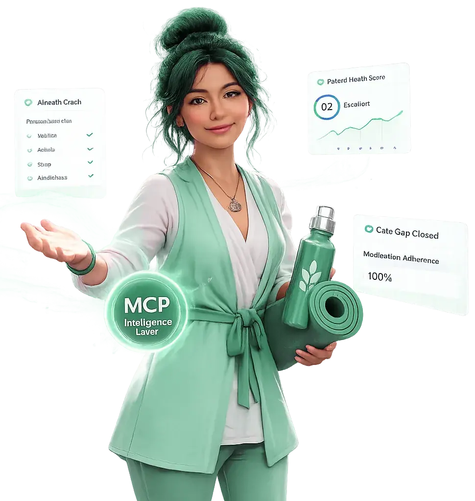 ELLIE, the interactive AI health coach, holding a yoga mat and water bottle, surrounded by live patient monitoring cards